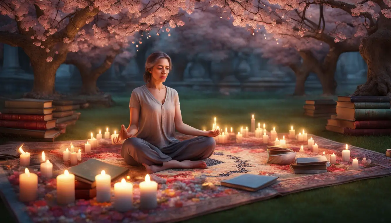 Mulher meditando em um jardim sereno com velas, cristais e livros antigos ao amanhecer, promovendo autoconhecimento através de rituais espirituais.