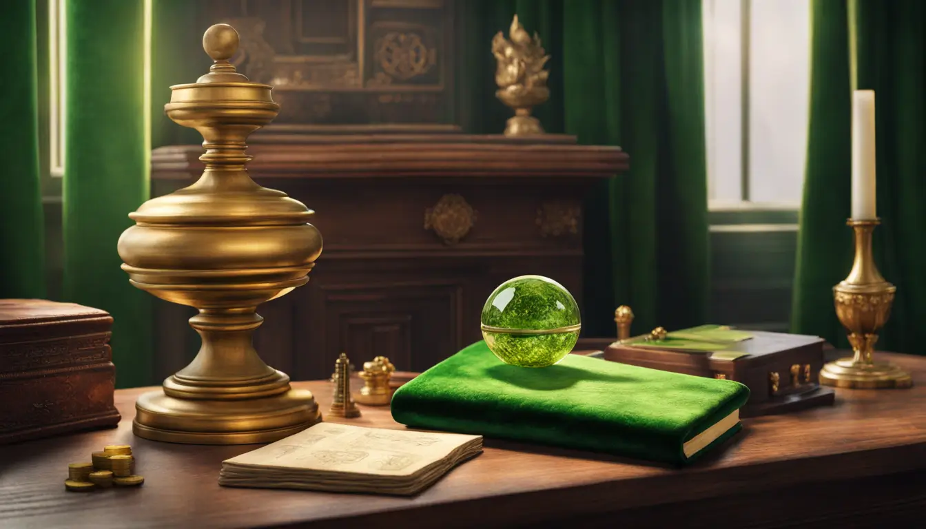 Uma mesa de madeira elegante com um livro antigo, um ábaco de latão, uma planta da fortuna e uma bola de cristal iluminada, simbolizando estratégias de prosperidade financeira.