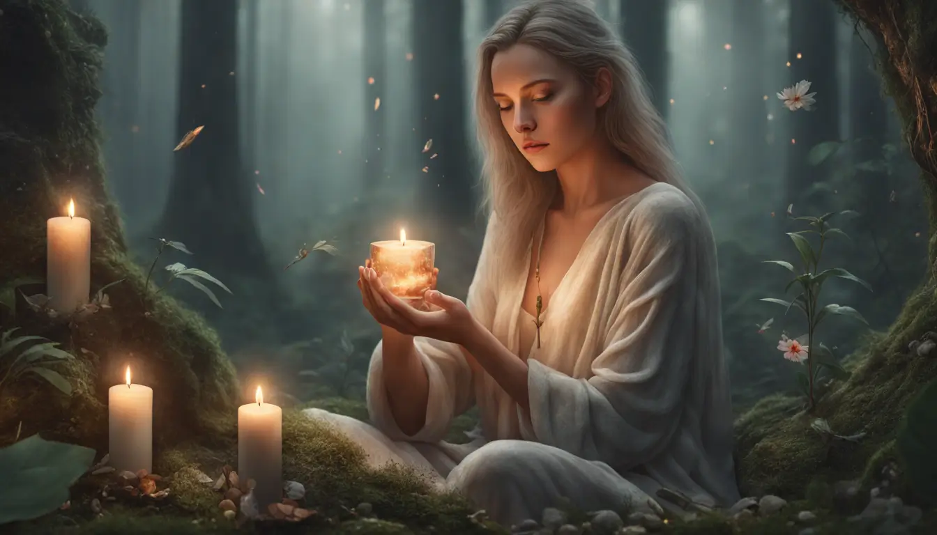 Mulher praticando Wicca em floresta, cercada por pedras, velas, plantas medicinais e símbolos Wiccanos, promovendo bem-estar diário.