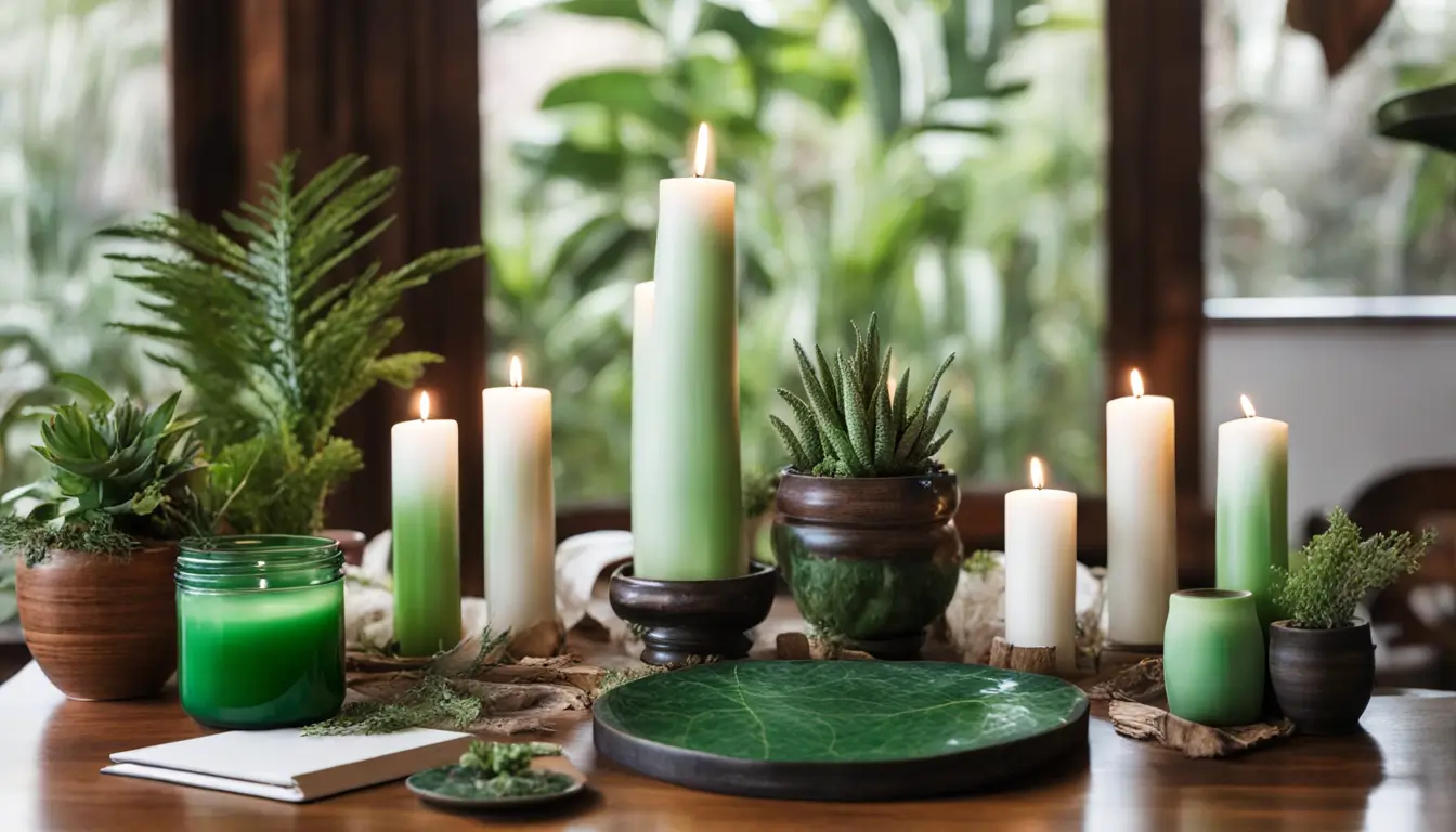 Mesa de madeira redonda com objetos de ritual Wicca, incluindo velas, cristais, um athame, um caldeirão, um livro de feitiços, e plantas ao redor.