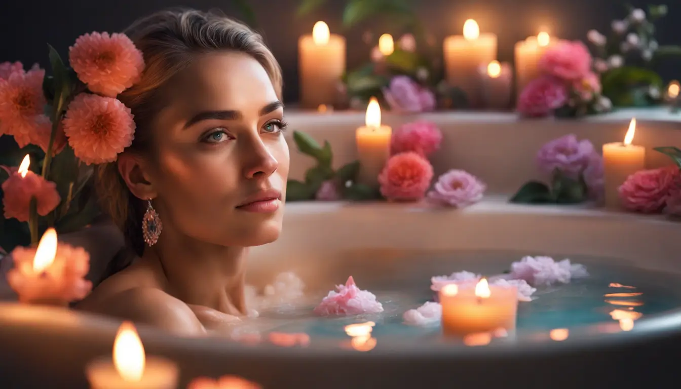 Mulher em banho de ervas cercada por velas acesas, cristais e flores, luz suave iluminando a cena, representando limpeza espiritual e renovação de energias.