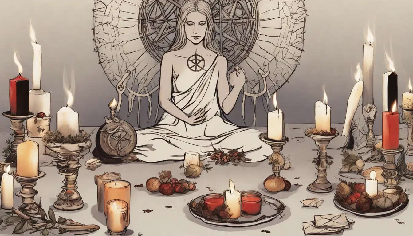 Altar Wicca ao ar livre com velas, caldeirão preto, cristais, ervas e sacerdotisa, destacando elementos de rituais e benefícios espirituais.