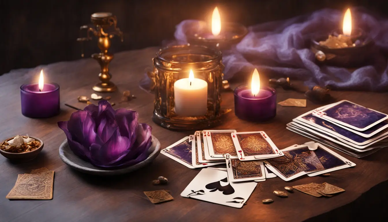 Mesa de madeira com cartas de tarô, vela acesa, cristal transparente e janela com cortinas roxas iluminada suavemente, representando autoconhecimento.