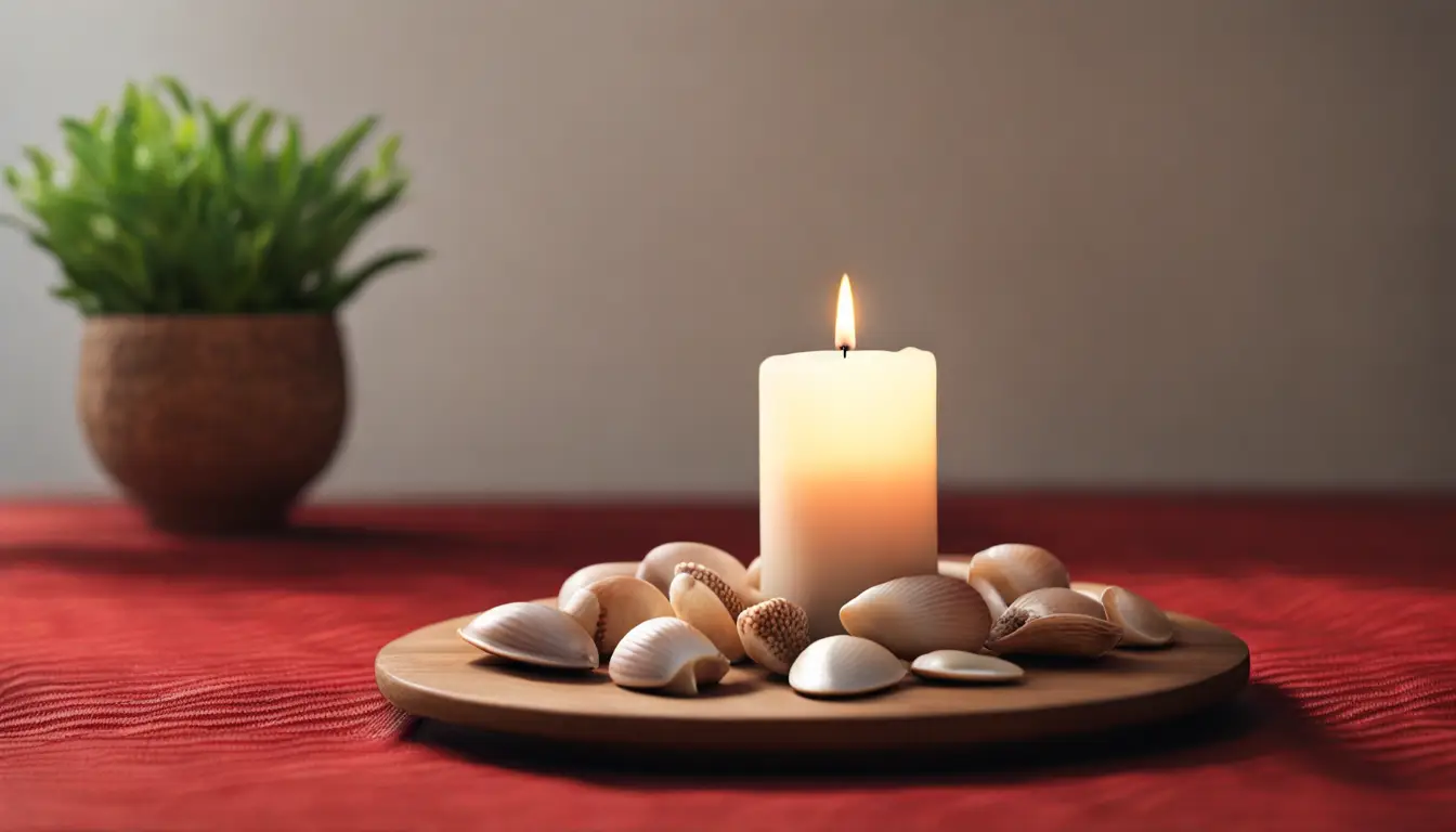 Vela acesa ao lado de conchas de cauri em um padrão circular em uma mesa de madeira com toalha vermelha e planta em vaso ao fundo.