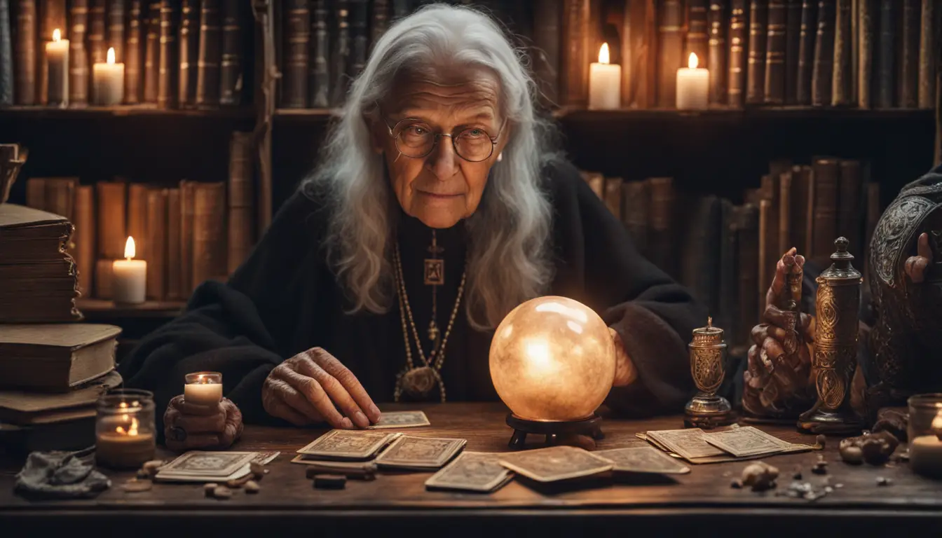 Pessoa idosa sentada à mesa com bola de cristal e cartas de tarô, sala com velas, incensos e estantes com livros esotéricos.