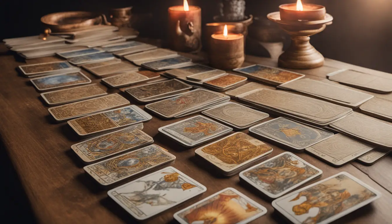 Mesa de madeira iluminada com vários baralhos de Tarô abertos, mostrando diferentes designs de cartas, com iluminação natural suave.
