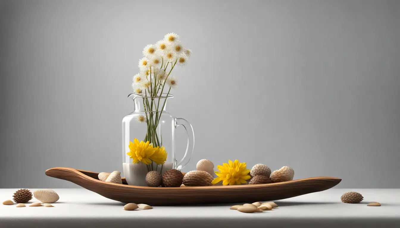 Mesa de madeira escura com pano branco, conchas de búzios espalhadas, vaso de barro com flores amarelas e vela acesa.