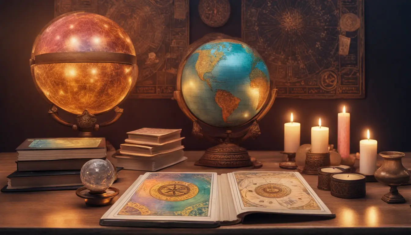 Mesa de madeira com livros coloridos de numerologia, bola de cristal, cartas de tarot e velas acesas, com gráfico de zodíaco ao fundo.