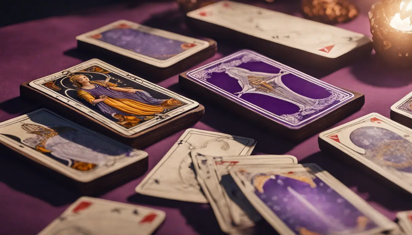 Mesa de madeira com pano roxo, baralho de cartas de tarot espalhado, vela acesa à esquerda e cristal quartzo transparente grande à direita.