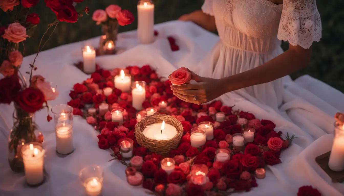 Uma mulher sentada em uma mesa de madeira com velas, rosas vermelhas e uma tigela com água e folhas de louro, à noite.