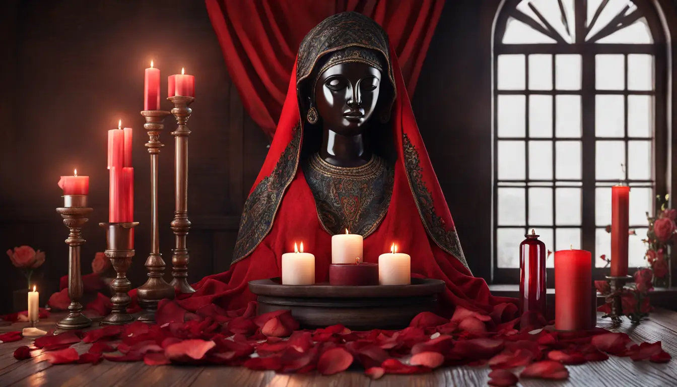Estátua de Maria Mulambo em um altar com velas acesas, pétalas de rosa e frasco de perfume sobre uma mesa de madeira escura.