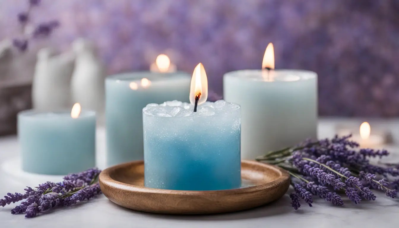 Banheira de mármore com água e ervas, cercada por velas, em ambiente sereno com janela mostrando céu azul.