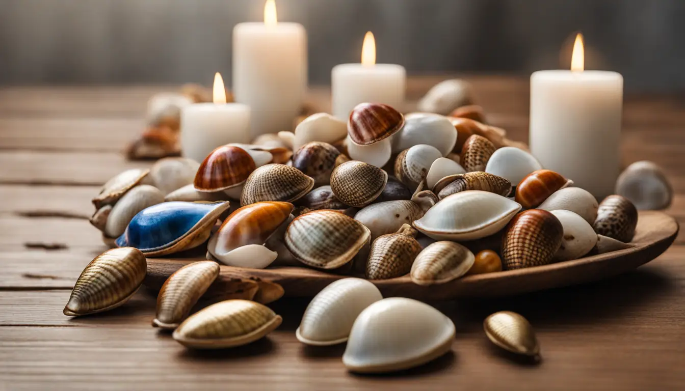 Concha de búzios coloridas em tamanhos variados sobre mesa de madeira, com sino de latão e vela branca ao lado.