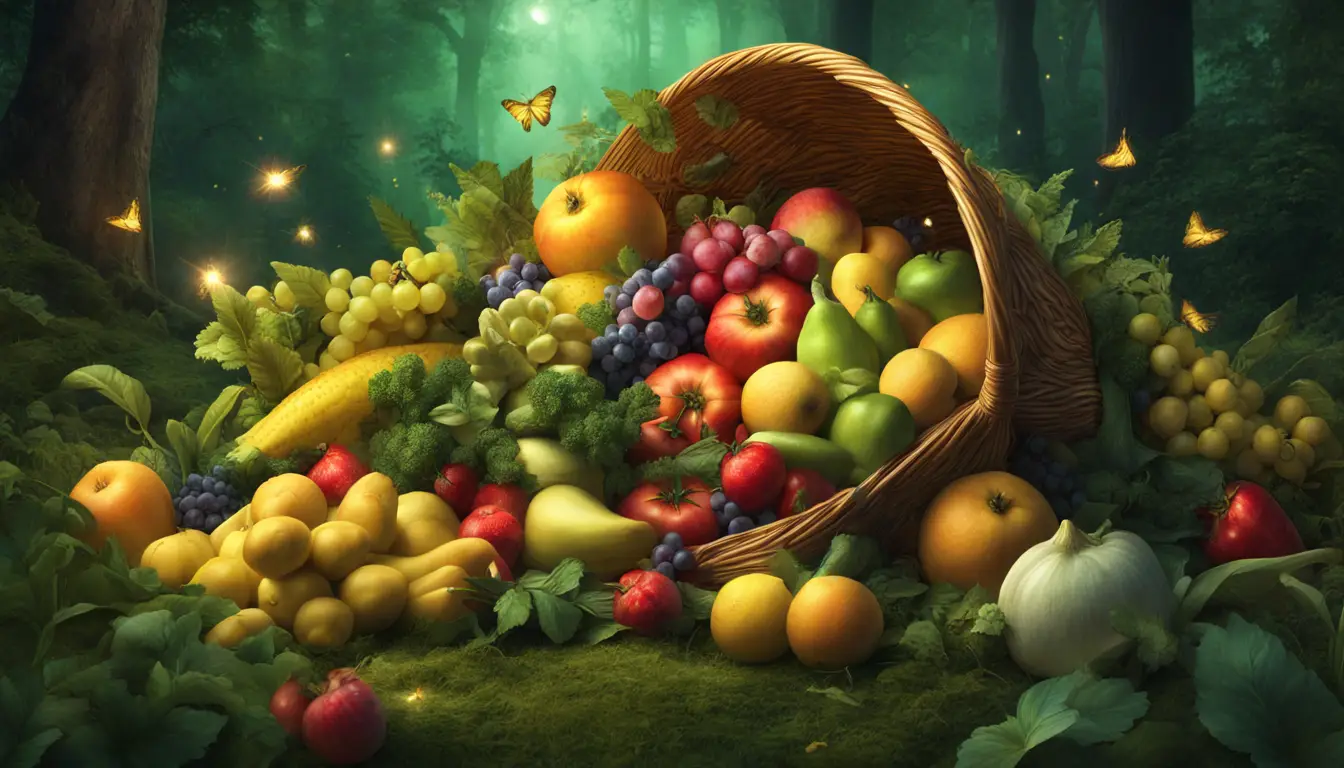 Cornucópia dourada cheia de frutas e legumes em clareira de floresta com vaga-lumes e luz suave da lua.