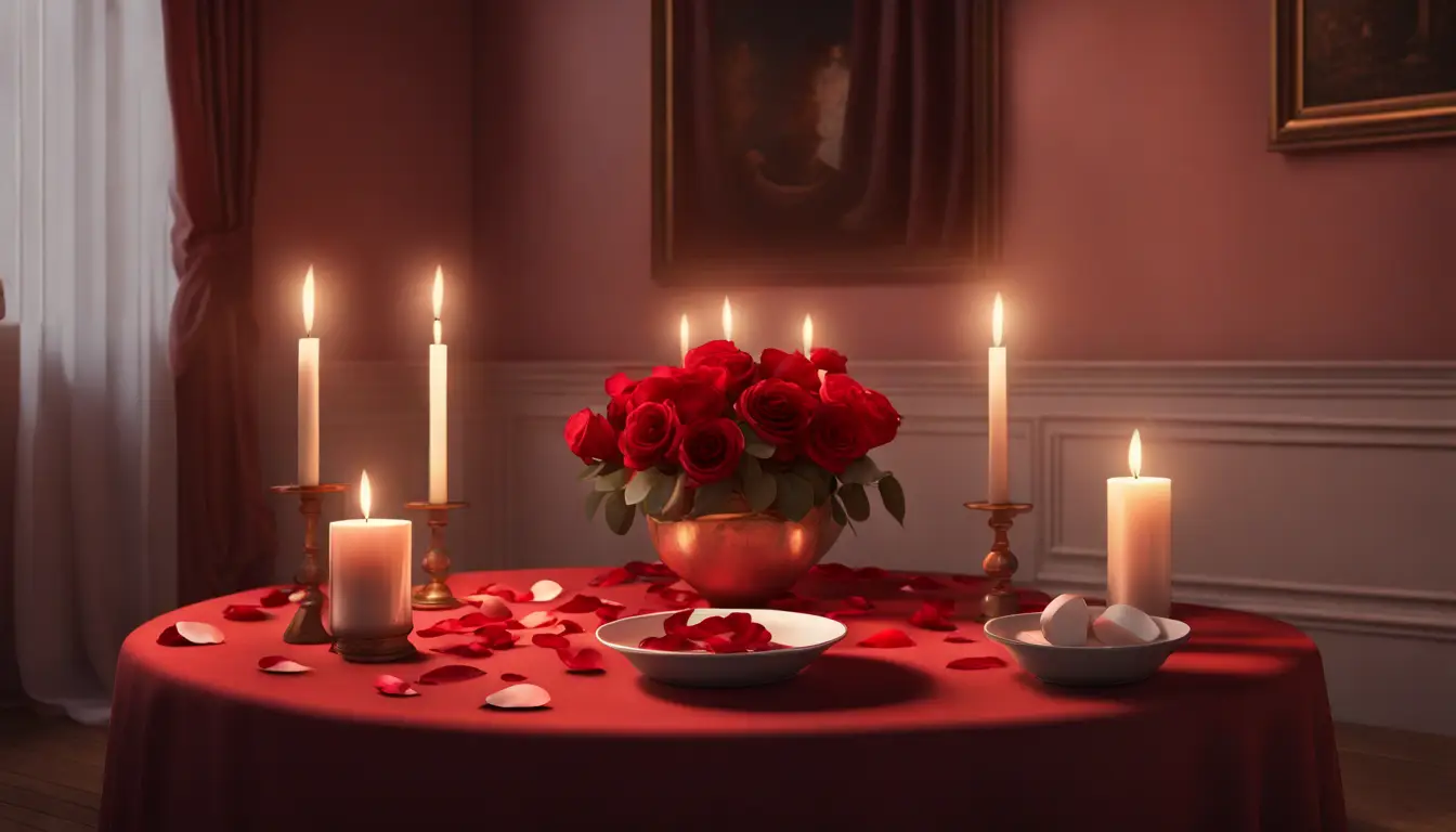 Quarto iluminado por velas com mesa redonda, toalha vermelha, duas velas brancas e tigela de pétalas de rosa.