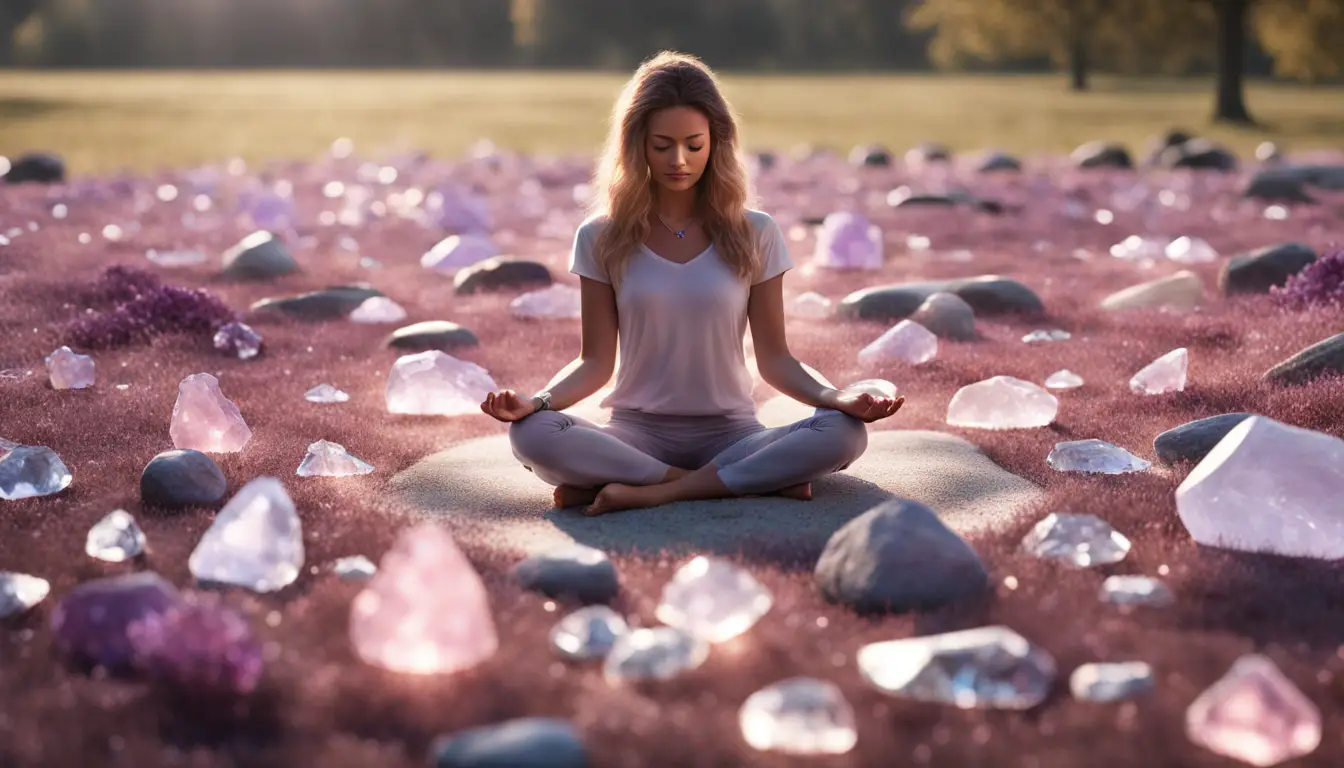Pessoa meditando em campo de grama com cristais de ametista, quartzo rosa e quartzo transparente sob luz solar.