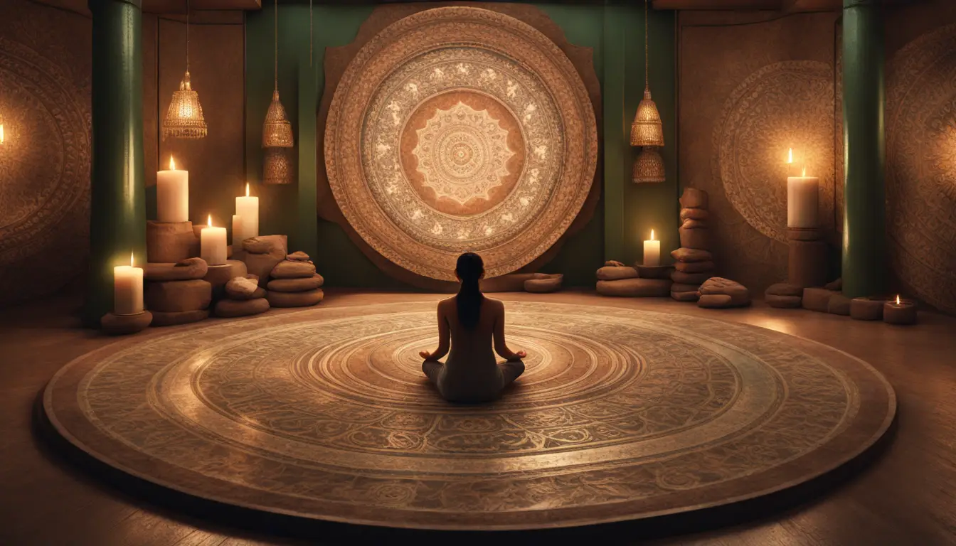 Cena de meditação com velas, espelho grande, pessoa meditando e mandalas em tons terrosos em ambiente aconchegante.