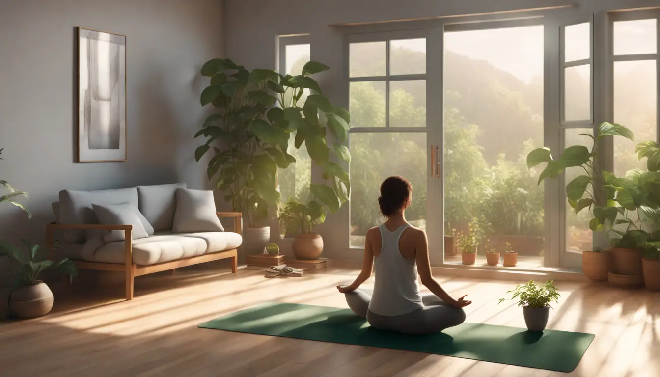 Pessoa meditando sentada em um tapete de ioga em um quarto iluminado pelo sol, cercado por plantas e almofadas.