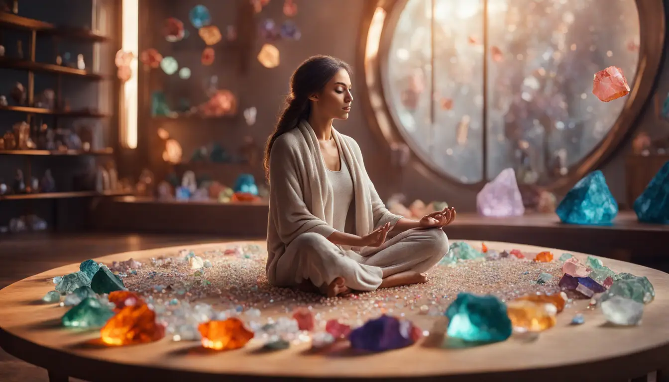 Mulher meditando em ambiente interno cercada por cristais coloridos em mesa de madeira circular com iluminação suave.