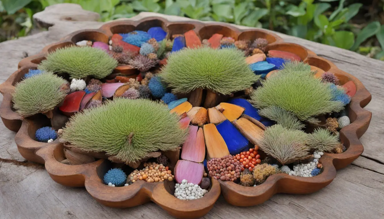 Mesa com pano colorido, 16 búzios brancos em círculo, vela acesa e pote de cerâmica com ervas sob luz natural.