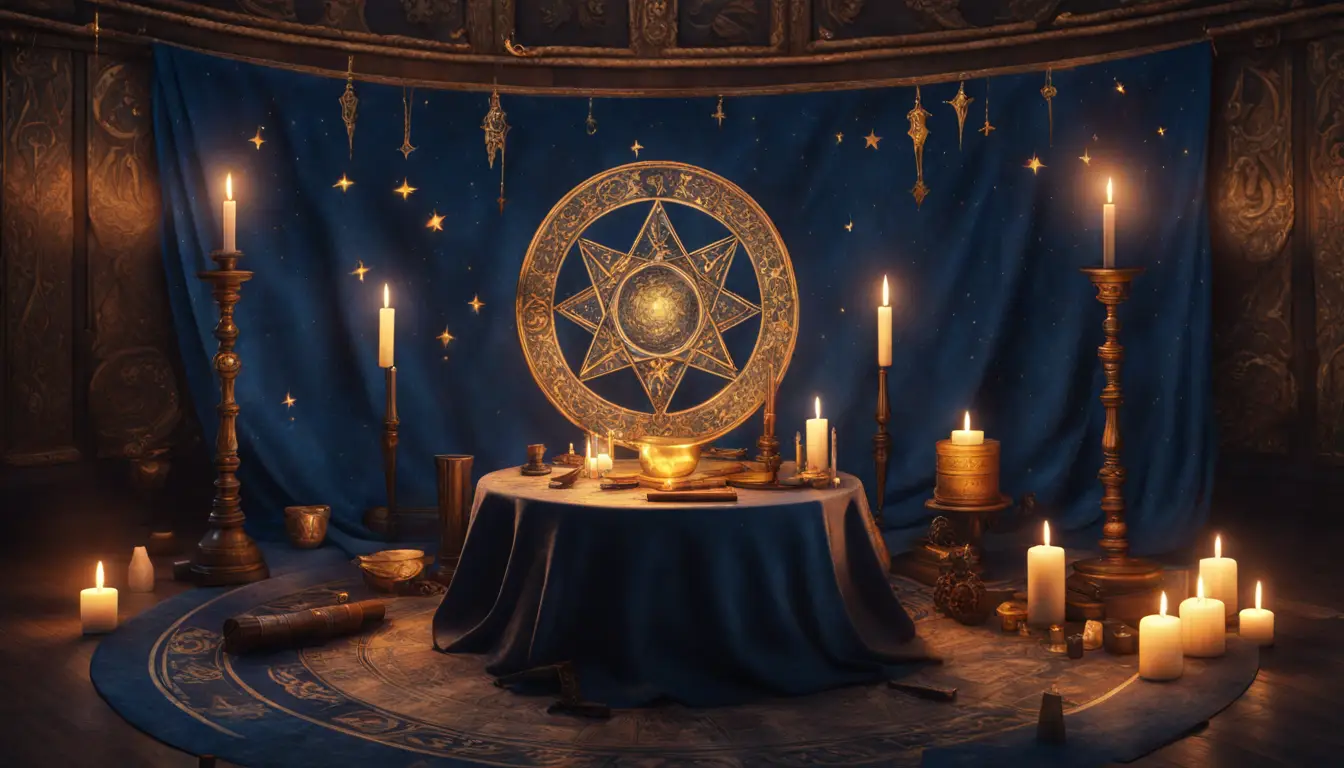 Mesa circular com ferramentas de oráculos como cartas de tarô, runas, bola de cristal e velas acesas.