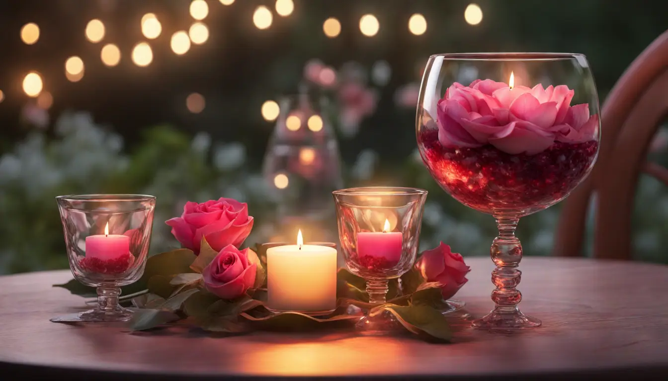 Mesa em jardim à noite com velas, pétalas de rosa, amuleto de coração dourado e taças de vinho tinto.