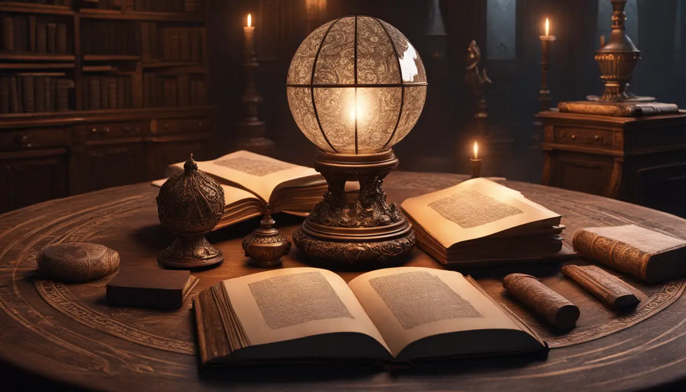 Bola de cristal brilhante no centro de uma mesa com pergaminhos antigos e livros abertos, iluminados por velas.