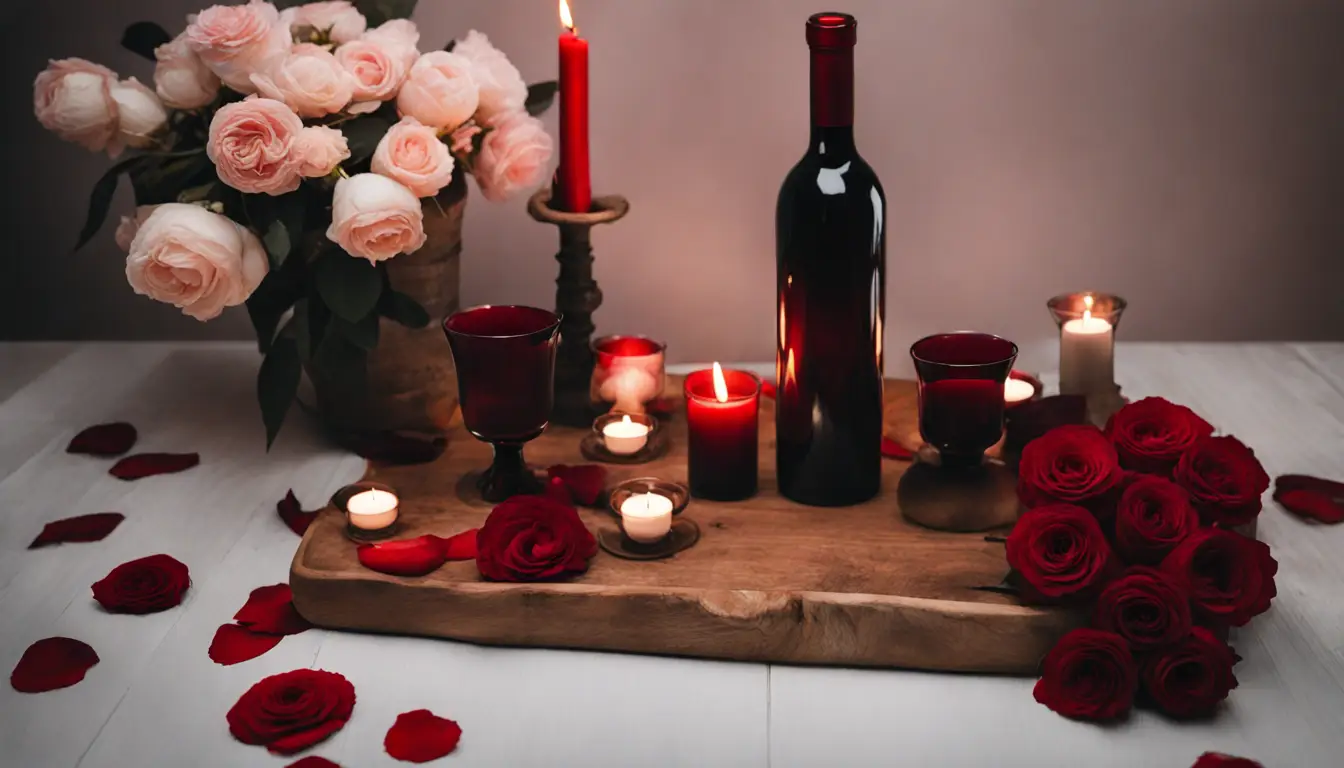 Mesa de madeira com velas brancas, rosas vermelhas, taças de vinho e espelho dourado em ambiente romântico.