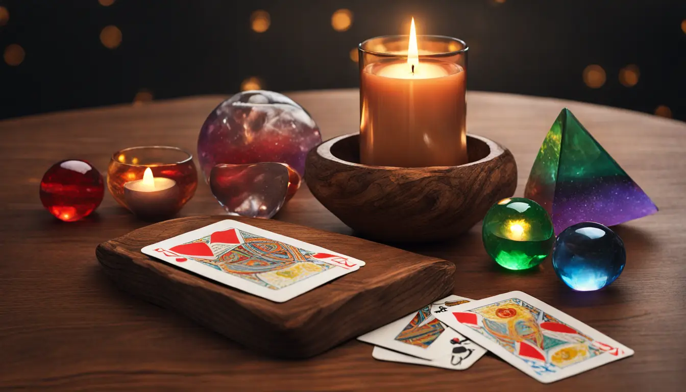 Mesa com cartas de tarô coloridas, cristais brilhantes e bola de cristal clara sob luz de velas.
