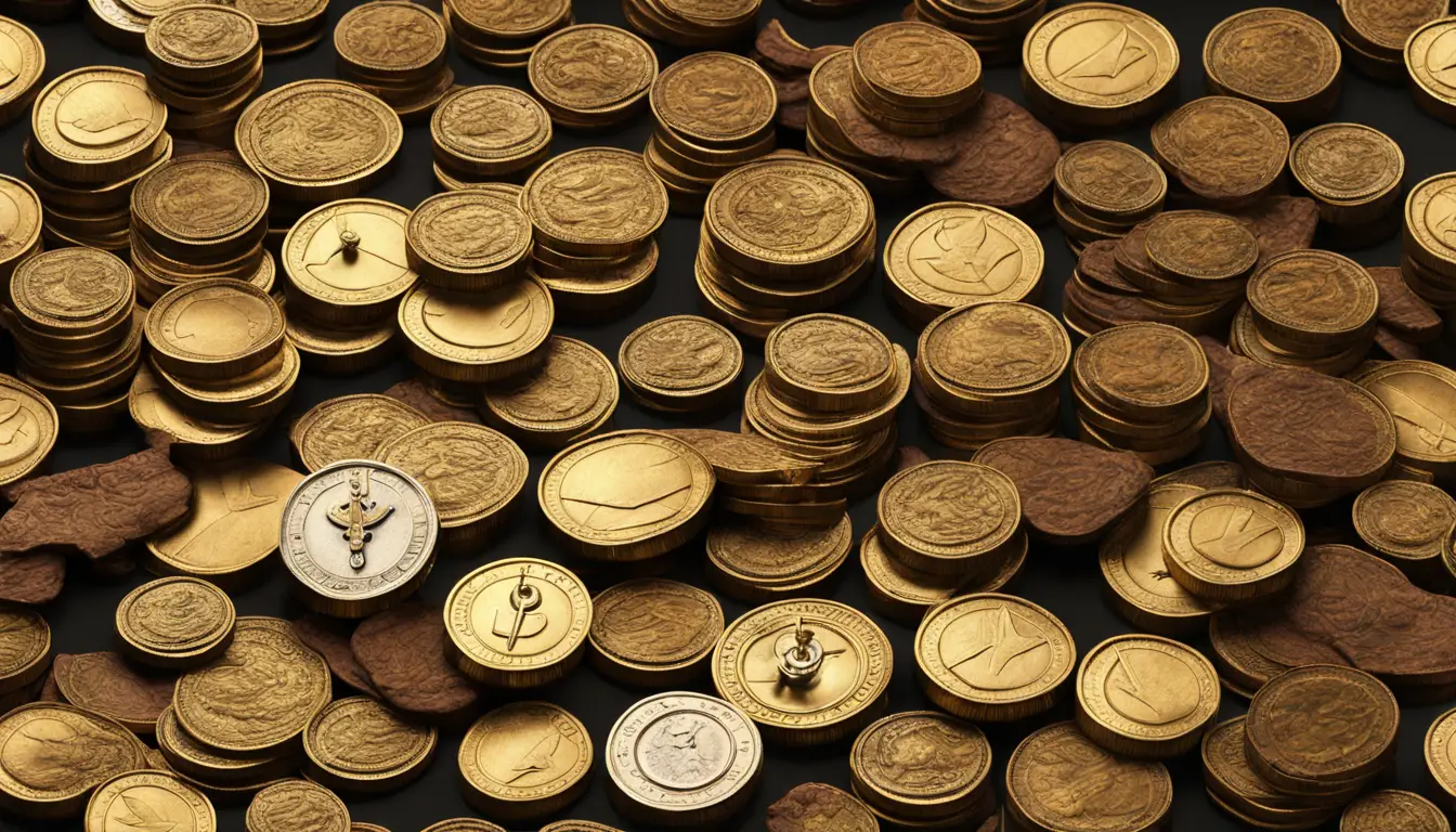 Moedas de ouro empilhadas em uma mesa de madeira com uma bolsa de veludo verde e uma vela acesa em suporte dourado.