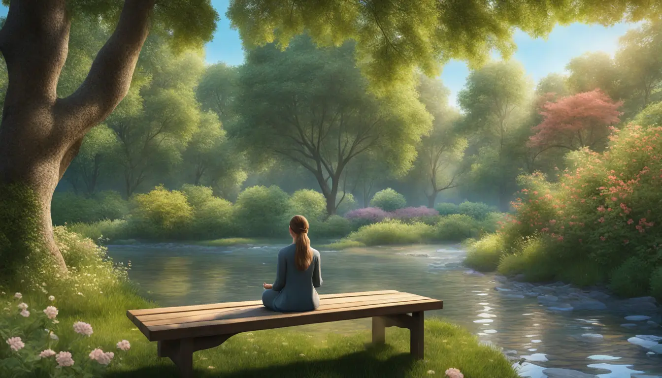 Mulher meditando em banco de madeira no parque cercada por árvores verdes, flores vibrantes e riacho sob céu azul.