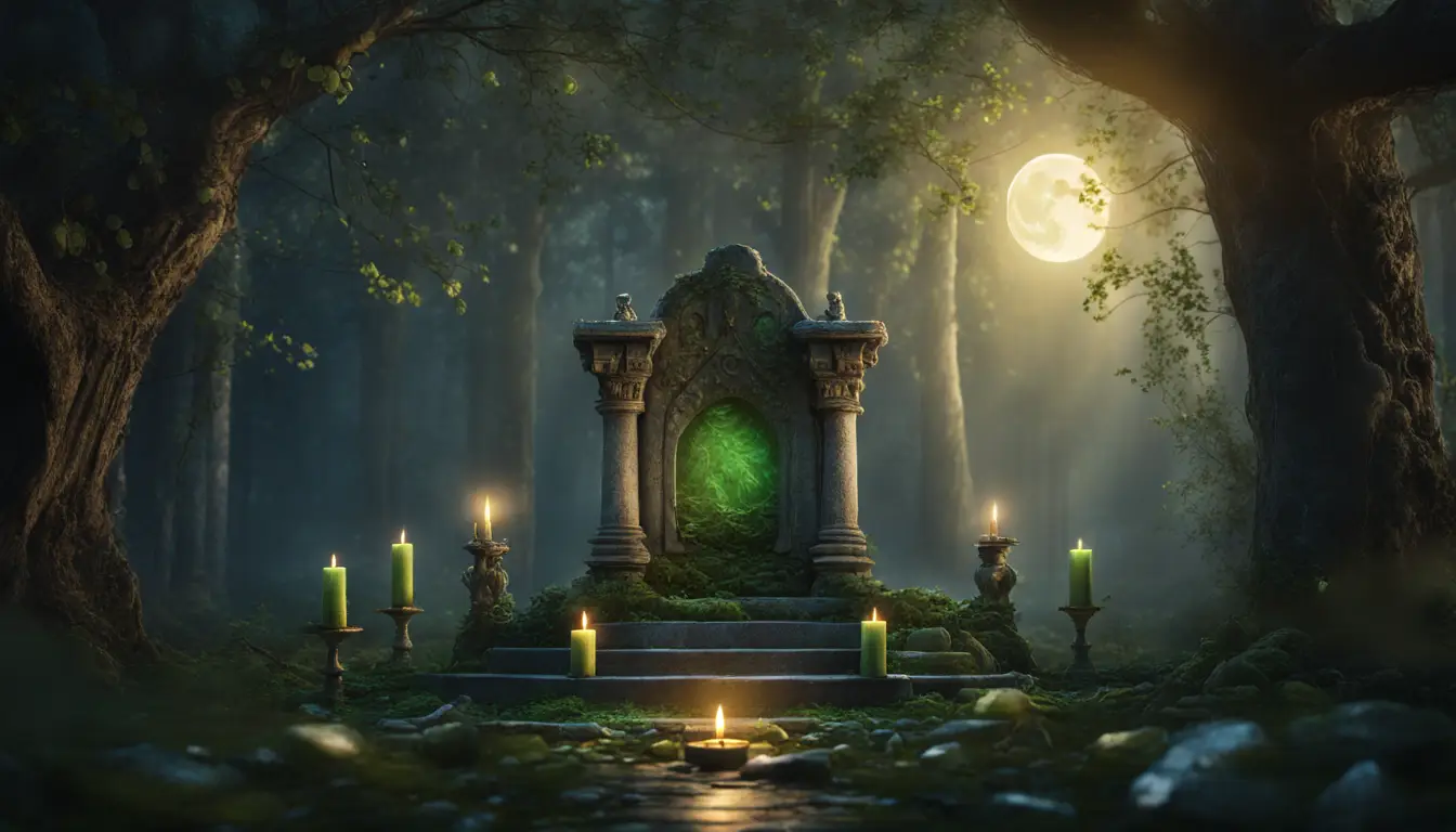 Clareira florestal noturna com altar de pedra, velas verdes brilhantes, moedas douradas e coruja em galho.