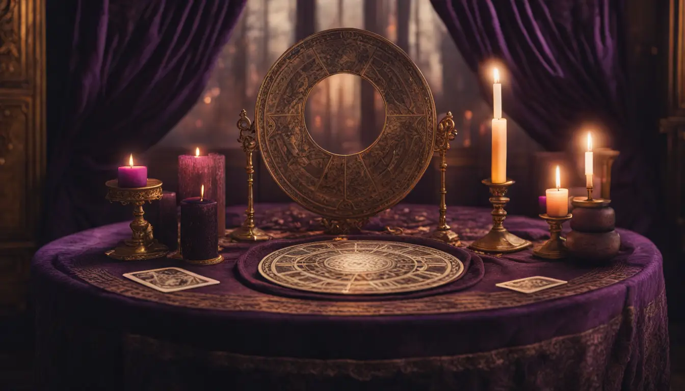 Carta de tarô mística em mesa redonda com bola de cristal, velas acesas e cortinas aveludadas em roxo e dourado.