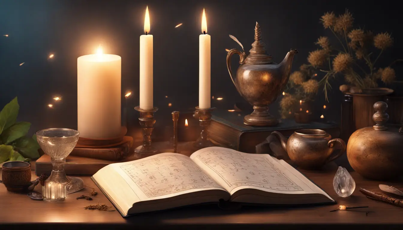 Mesa com livro aberto mostrando símbolos de numerologia, bola de cristal iluminada e caneta de pena ao lado de chá.