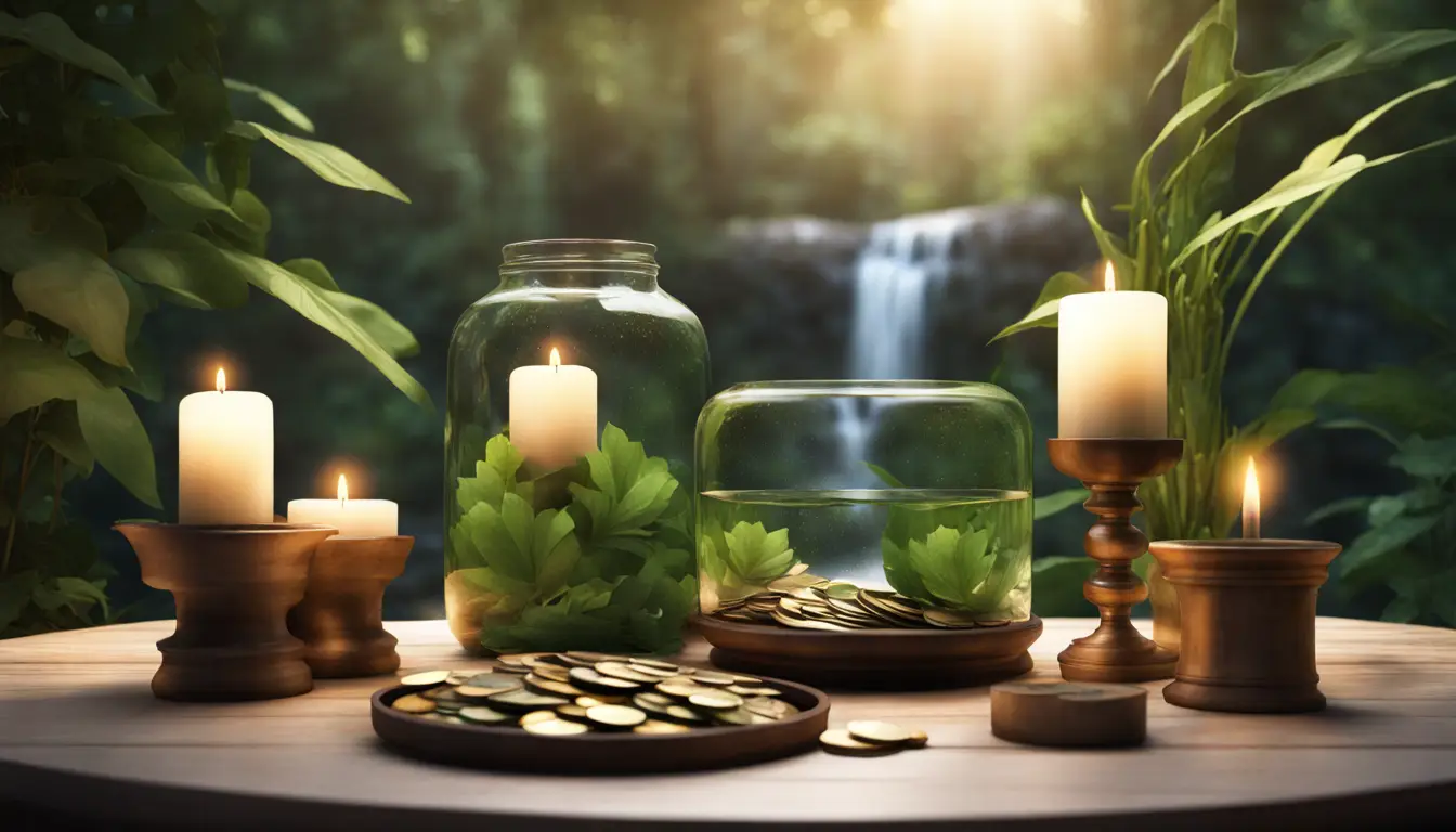 Mesa redonda de madeira com velas verdes, tigela de moedas e jarra de água, plantas ao redor e cachoeira ao fundo.