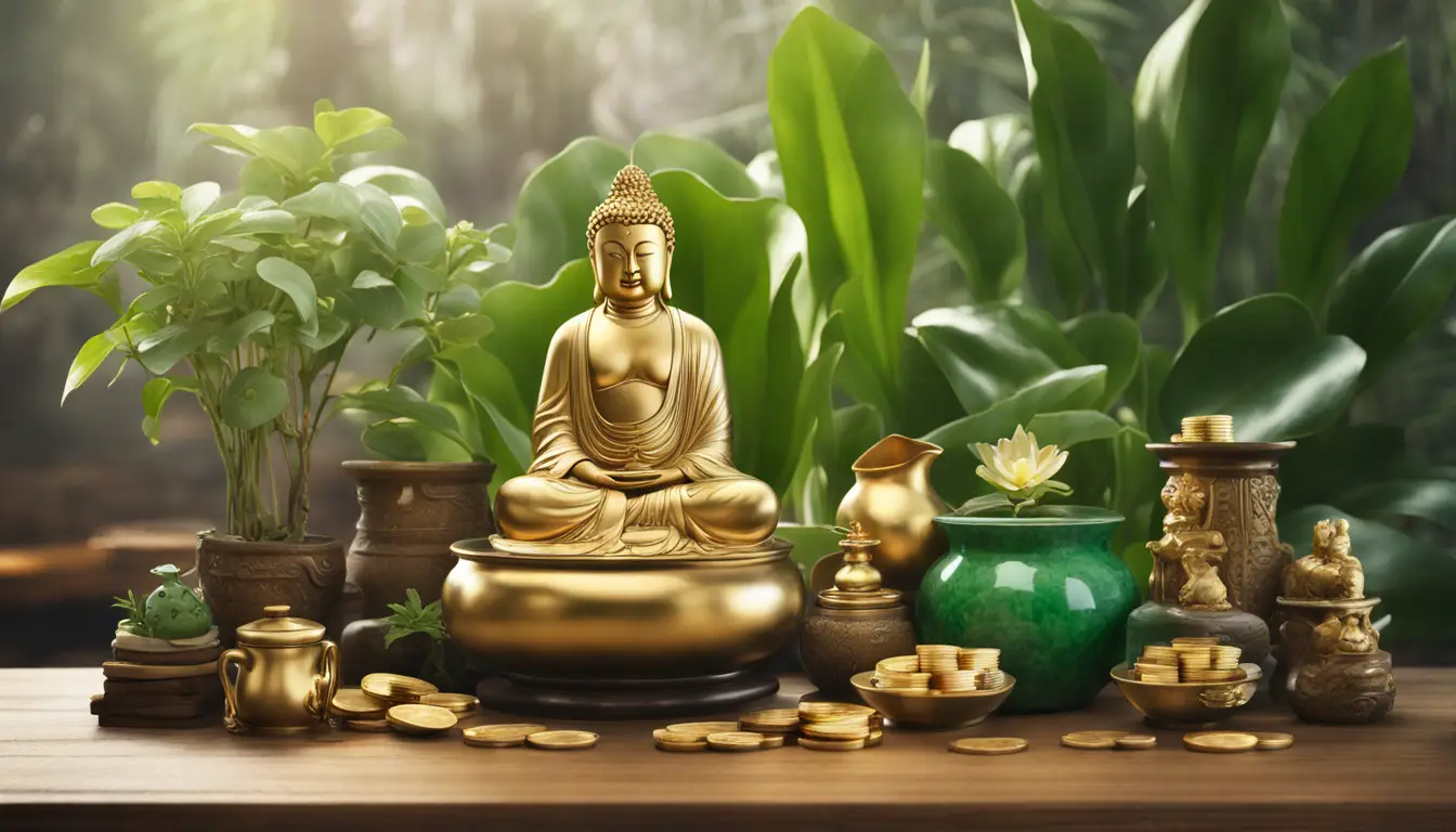 Uma mesa com símbolos de prosperidade, incluindo estátua de Buda dourada e sapo de dinheiro de jade.