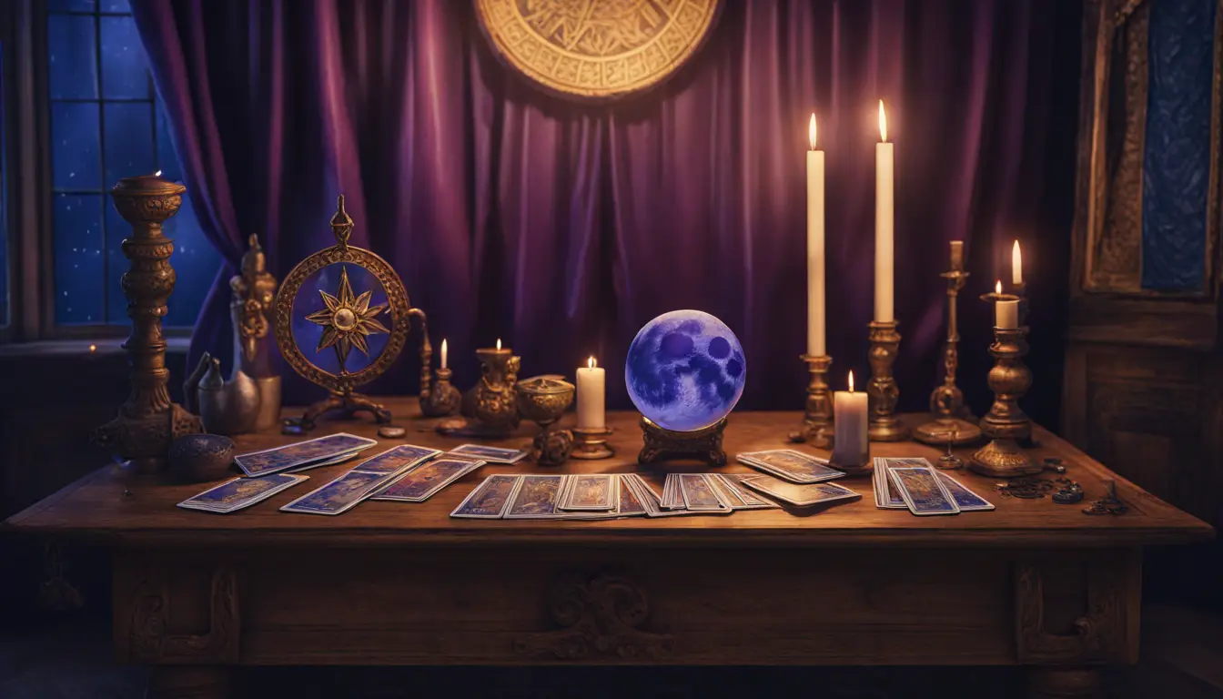 Mesa de madeira com cartas de tarot, velas acesas e bola de cristal em sala com cortinas roxas e azuis escuras.