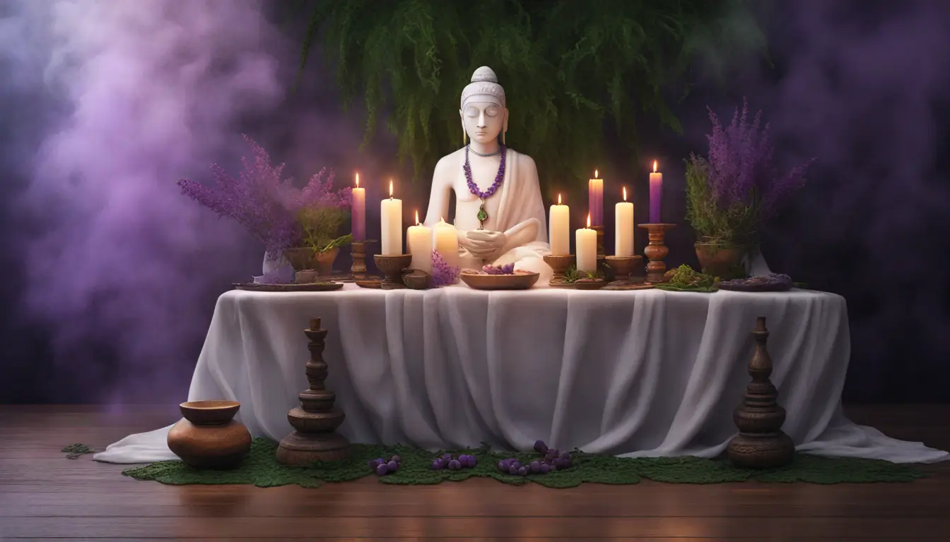 Altar de Umbanda com mesa coberta de pano branco, velas, estátua de orixá, folhas verdes e colar de contas coloridas.