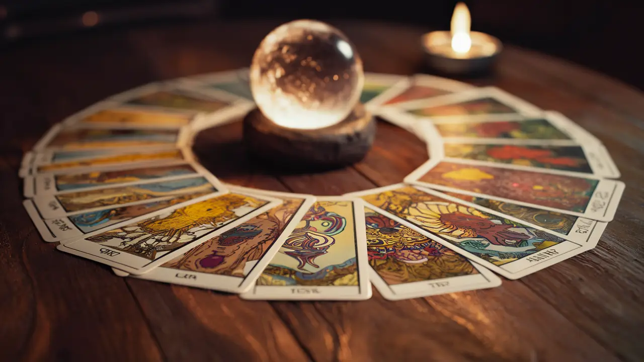Nove cartas de tarô coloridas espalhadas em uma mesa de madeira com um orbe cristalino e velas ao fundo.