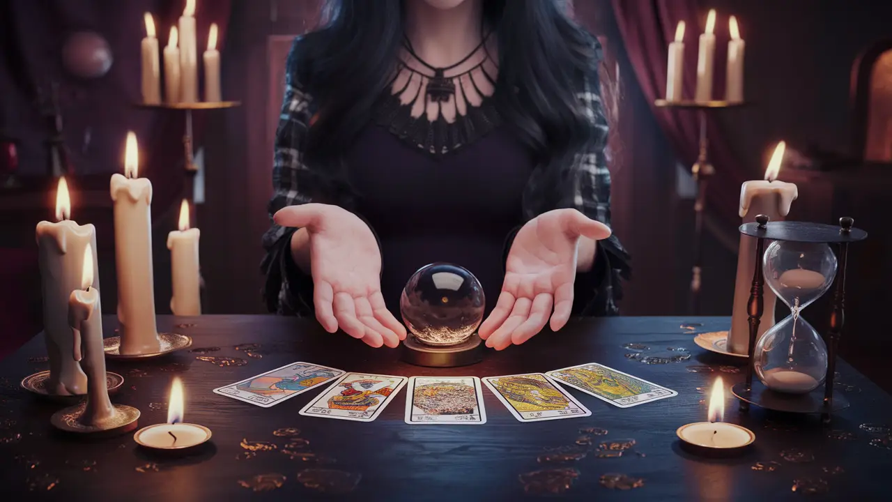 Cartomante em sala iluminada por velas, com bola de cristal e cartas de tarô sobre mesa de madeira escura.