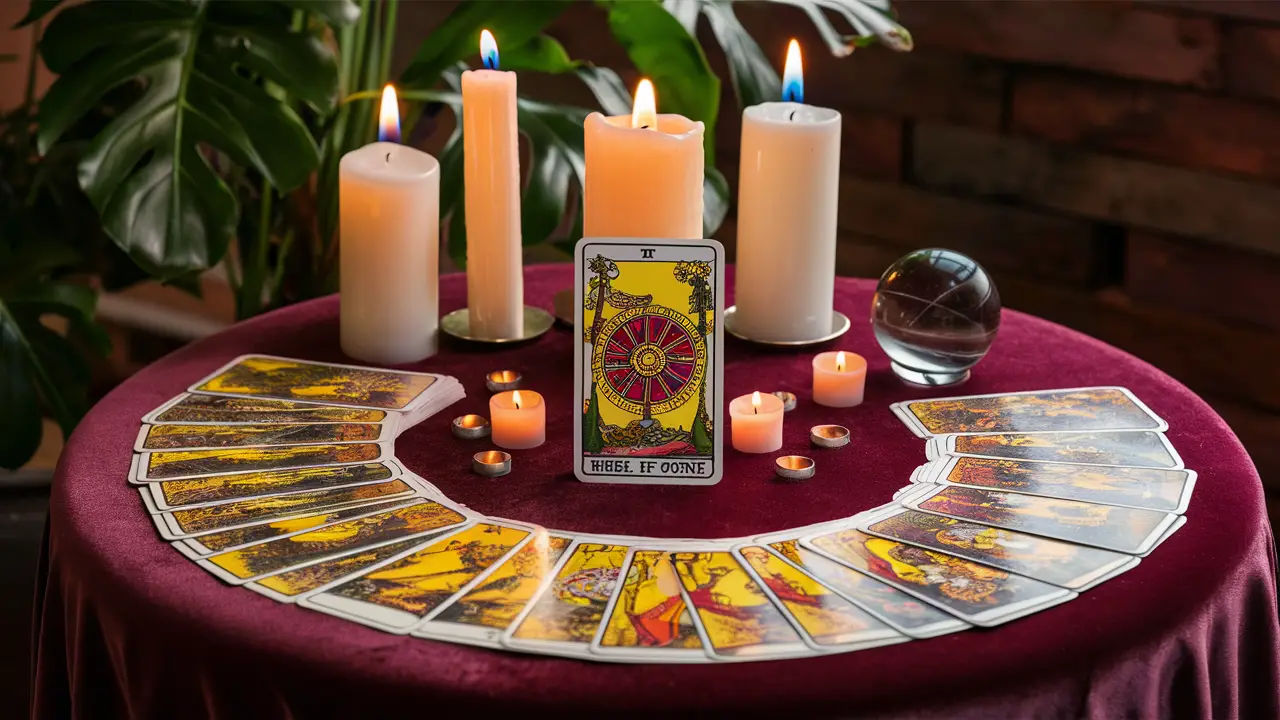 Baralho de tarô místico sobre mesa de veludo com cartas, velas acesas e bola de cristal ao lado