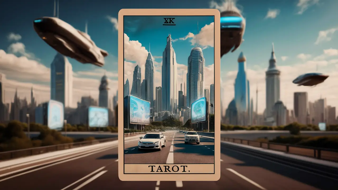 Uma carta de tarô mostrando uma cidade futurista com arranha-céus, carros voadores e outdoors holográficos.