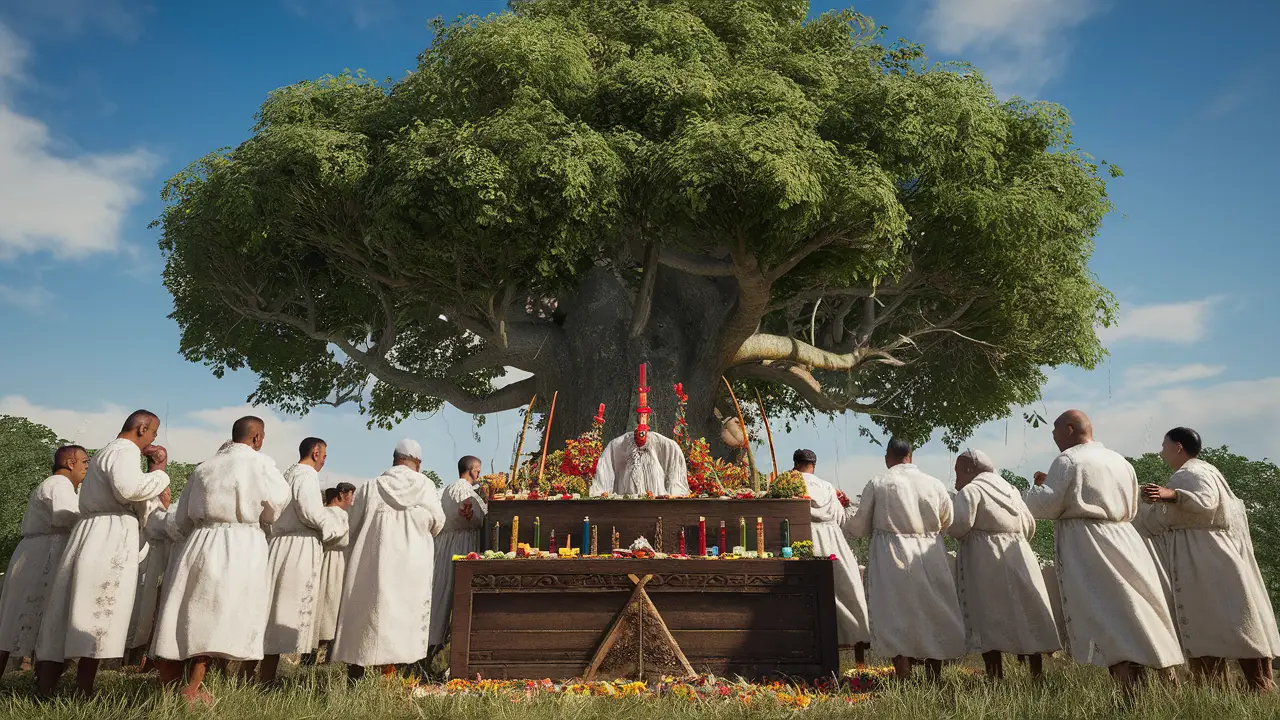Pessoas vestidas de branco ao redor de um altar de madeira com velas e flores sob uma árvore.