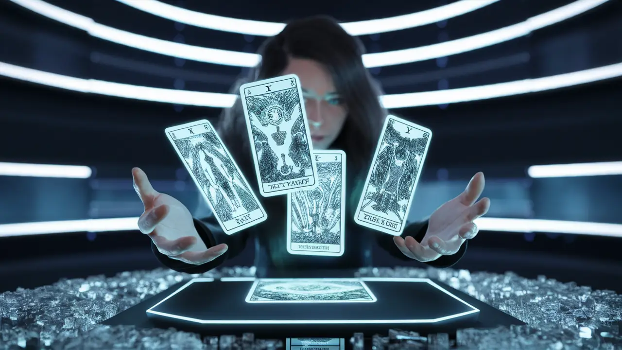 Leitor de tarô futurista com baralho holográfico flutuante em sala de alta tecnologia com luzes de néon.