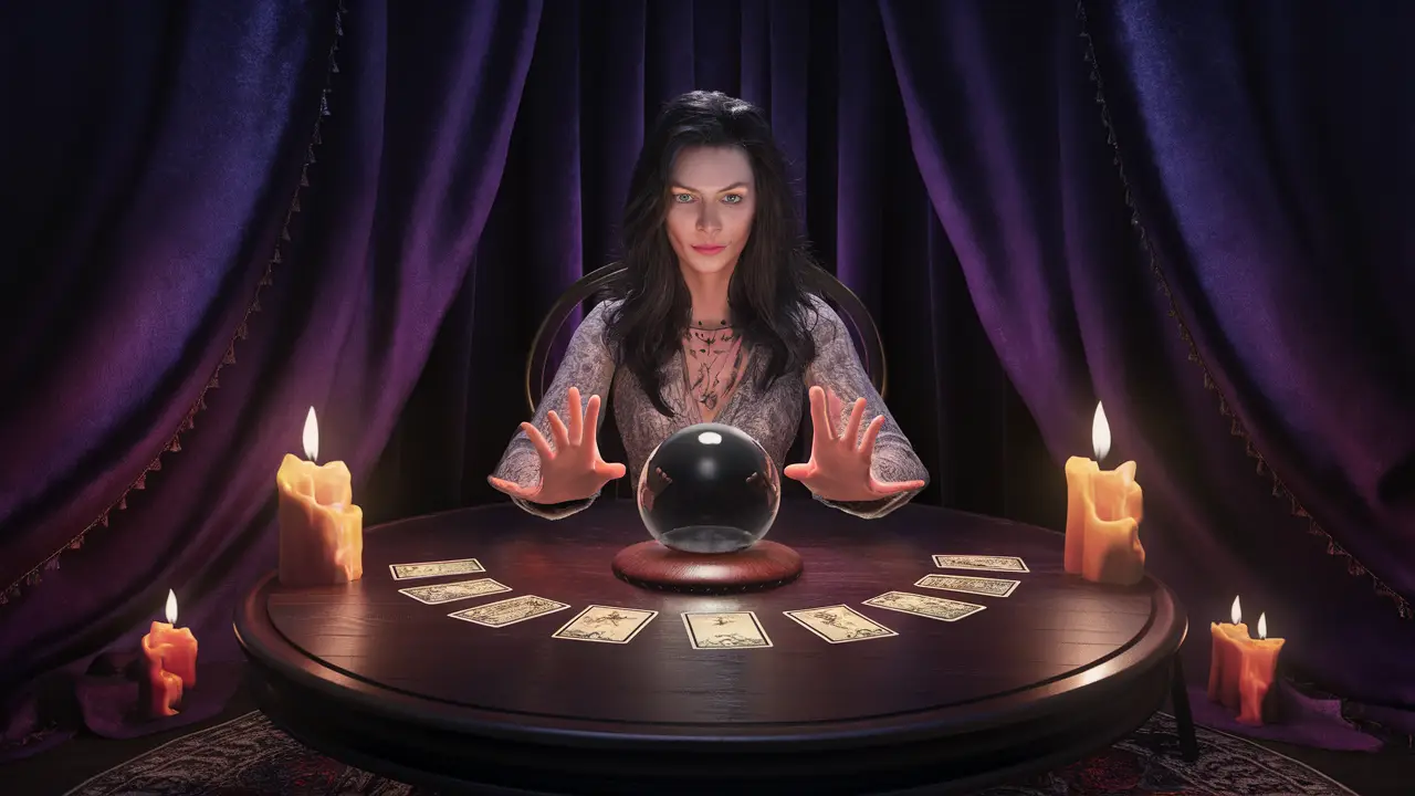 Tarot reader with crystal ball and cards in a dim room with purple drapes and candles.