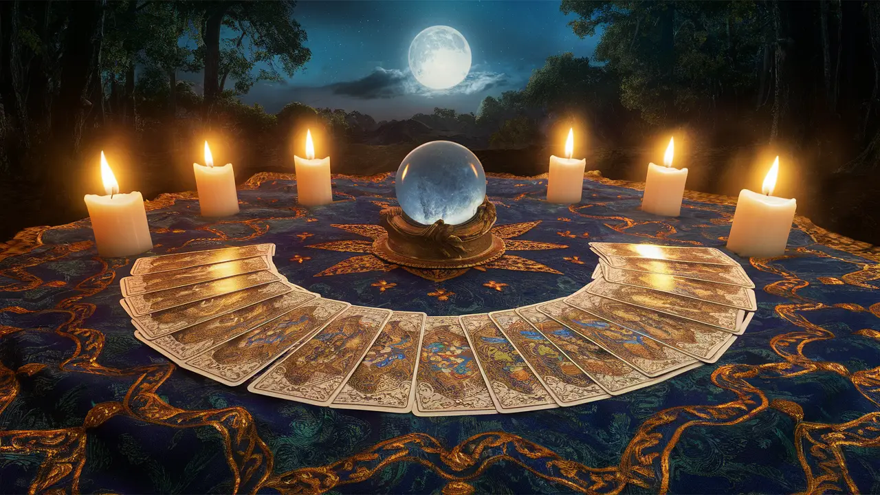 Mesa com cartas de tarô dispostas em semicírculo, cercadas por velas e uma bola de cristal refletindo o luar.