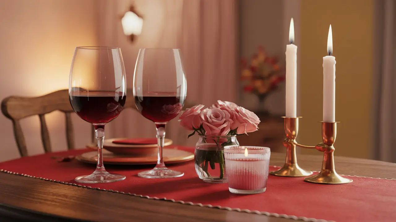Mesa de jantar com toalha vermelha, taças de vinho, vaso de flores e velas acesas em suportes de latão.