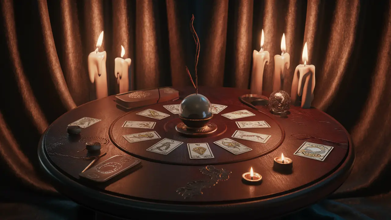 Tarô e bola de cristal em mesa de madeira cercada por velas acesas em sala pouco iluminada.