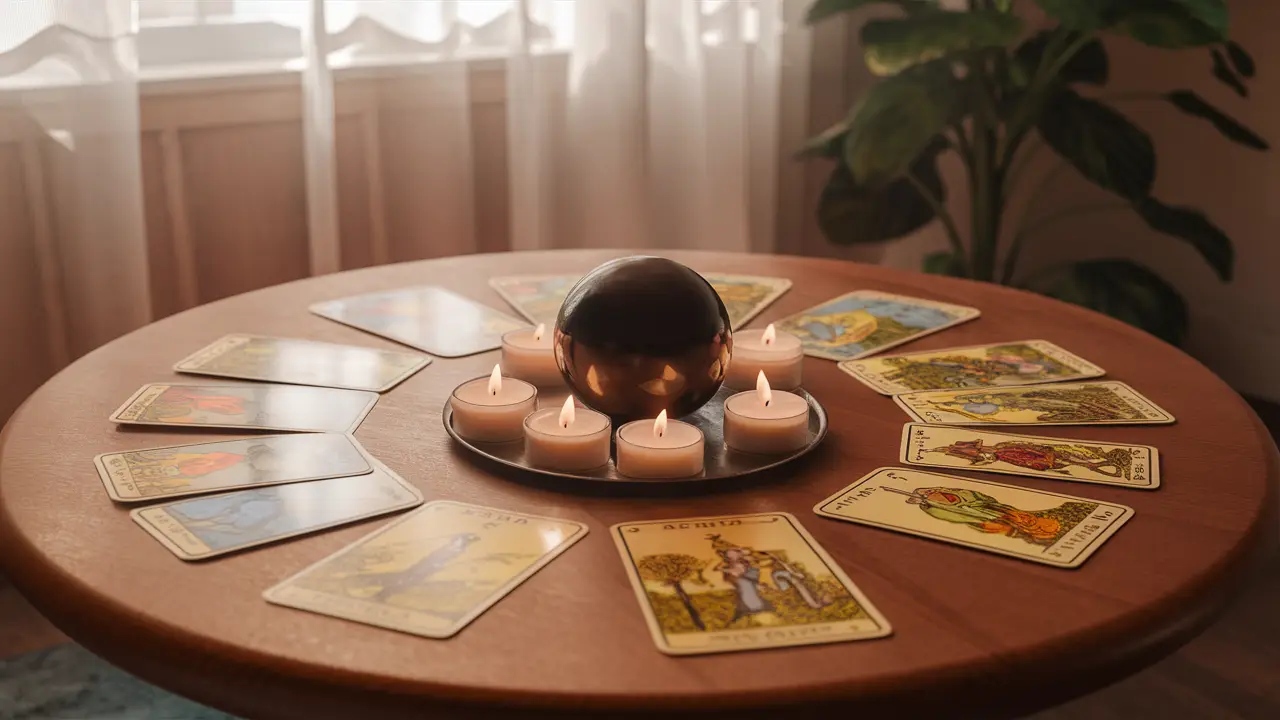 Mesa de madeira com cartas de tarô coloridas, bola de cristal no centro e velas ao redor, em sala iluminada suavemente.