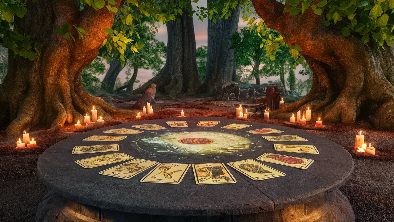 Mesa de pedra circular com cartas de tarô espalhadas e velas acesas em uma clareira de floresta ao anoitecer.